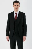 Siyah Kırlangıç Yaka Yelekli Likralı 6 Drop Slim Fit Dar Kesim Klasik Takım Elbise 1001240167 - 3