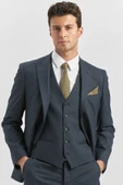 Koyu Lacivert Kırlangıç Yaka Astarlı Yelekli 6 Drop Slim Fit Klasik Takım Elbise 1001240179 - 3