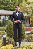 Siyah Çıkarılabilir Kırlangıç Yaka Yelekli Likralı 6 Drop Slim Fit Smokin Damatlık 1001240200 - 2