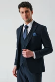 Koyu Lacivert Kırlangıç Yaka Yelekli Likralı 6 Drop Slim Fit Klasik Takım Elbise 1001240168 - 9
