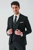 Siyah Kırlangıç Yaka Yelekli Likralı 6 Drop Slim Fit Klasik Takım Elbise 1001240168 thumbnail 6