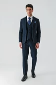 Koyu Lacivert Kırlangıç Yaka Yelekli Likralı 6 Drop Slim Fit Klasik Takım Elbise 1001240168 - 2
