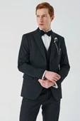 Siyah Çıkarılabilir Kırlangıç Yaka Yelekli Likralı 6 Drop Slim Fit Smokin Damatlık 1001240200 - 4