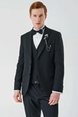 Siyah Çıkarılabilir Kırlangıç Yaka Yelekli Likralı 6 Drop Slim Fit Smokin Damatlık 1001240200 - 3