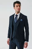 Koyu Lacivert Kırlangıç Yaka Yelekli Likralı 6 Drop Slim Fit Klasik Takım Elbise 1001240168 - 10