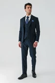 Koyu Lacivert Kırlangıç Yaka Yelekli Likralı 6 Drop Slim Fit Klasik Takım Elbise 1001240168 - 3