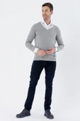 Gri Uzun Kollu Desenli Örme V Yaka Pamuklu Klasik Comfort Fit Triko 1012235168 - 5