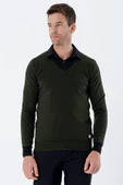 Koyu Haki Uzun Kollu Desenli Örme V Yaka Pamuklu Klasik Comfort Fit Triko 1012235168 - 1