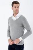 Gri Uzun Kollu Desenli Örme V Yaka Pamuklu Klasik Comfort Fit Triko 1012235168 - 4
