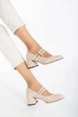 Büyük Numara İnce Bantlı İnce Platform Tabanlı Cilt Bej Kadın Kalın Topuklu Günlük Ayakkabı thumbnail 2