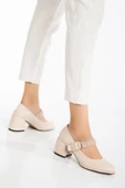 Büyük Numara Elastik Bantlı İnce Platform Tabanlı Cilt Bej Kadın Kalın Topuklu Günlük Ayakkabı thumbnail 2