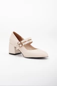 Büyük Numara İnce Bantlı İnce Platform Tabanlı Cilt Bej Kadın Kalın Topuklu Günlük Ayakkabı thumbnail 4