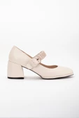Büyük Numara Elastik Bantlı İnce Platform Tabanlı Cilt Bej Kadın Kalın Topuklu Günlük Ayakkabı thumbnail 3