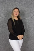 Büyük Beden Incili Kol Tül Bluz Siyah B079 - 2