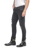 Erkek Slim Fit Katlama Paçası Yazılı Yırtık Detaylı Düz Renk Jean Kot Pantolon - 7