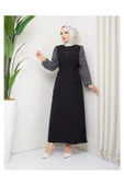Yuvarlak Desenli Şifon Kollu Tuğba Model Elbise - Siyah thumbnail 7