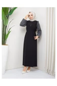 Yuvarlak Desenli Şifon Kollu Tuğba Model Elbise - Siyah thumbnail 6