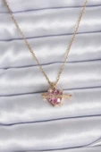 316L Çelik Gold Renk Zincir Pembe Kristal Kalp Model Zirkon Taş Detay Kadın Kolye thumbnail 1