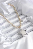 Pirinç Gold Renk Topçuk Zincir Gümüş 3D Yıldız Model Yıldız Detay VİP Kadın Kolye thumbnail 2