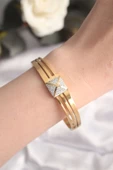 316L Çelik Zirkon Taşlı Gold Renk Kadın Kelepçe Bilezik thumbnail 2