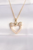 316L Çelik Zincir Altın Renk İnci Taş Detay Zirkon Taşlı Kalp Kolye thumbnail 1