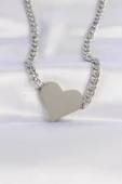 316L Çelik Zincir Gümüş Renk Düz Plaka Kalp Kolye thumbnail 1