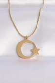 316L Çelik Zincir Gold Renk Ay Yıldız Unisex Kolye thumbnail 1