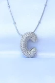 316L Çelik Zincirli Zirkon Taşlı C Harfli Gümüş Renk Bubble Kolye thumbnail 1