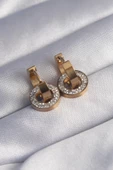 316L Çelik Gold Renk Zirkon Taşlı İç İçe Geçmeli Oval Küpe thumbnail 2