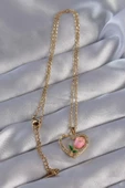316L Çelik Zincirli Gold Renk Zirkon Taşlı Kalp İçinde Pembe Gül Tasarımlı Kolye thumbnail 2