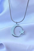 316L Çelik Gümüş Renk Ay Yıldız Model Unisex Kolye thumbnail 2