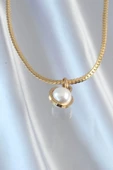 316L Çelik Gold Renk Yassı Zincir İnci Taşlı Kolye thumbnail 2