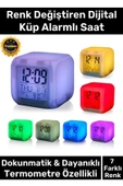 Özel Üretim Dekoratif Termometre Takvimli 7 Renk Değiştiren Dijital Küp Alarmlı Küp Masa Çalar Saat - 1