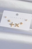 Pirinç Gold Renk Zirkon Taşlı Çiçek Model Küpe Seti thumbnail 2