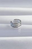 Pirinç Gümüş Renk İncili Baget Taşlı Earcuff Küpe - 1