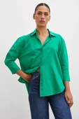 Geniş Manşetli Keten Gömlek Yeşil thumbnail 4
