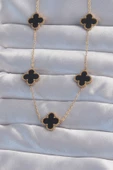 316L Çelik Gold Renk Siyah Mineli Yonca Kolye - TJ-BKO8998 - 1