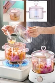 Pembe Kalp Figürlü Cam Tencere Isıya Dayanıklı Borosilikat Termisil Ocak Üstü Kulplu 1500 ml - 5