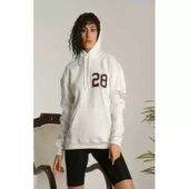 Unisex Kapşonlu Baskılı Sweetshirt - Beyaz - 1