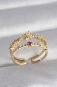 Pirinç Gold Renk Zirkon Taşlı Taç Model Kadın Yüzük - 1