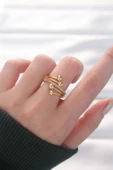 Topçuk Model Zirkon Taşlı Gold Renk Ayarlanabilir Yüzük - 1