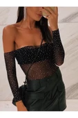 Beatiful Parlak Elmas Taşlı Omuz Detaylı File Kadın Body Bluz - 5