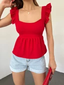 Kadın Kırmızı Askılı Kolları Fırfırlı Ayrobin Bluz BLZ-1623 - 1