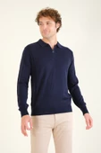 Erkek Yarım Fermuarlı Polo Yaka Kazak Lacivert - 1
