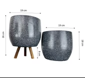 Bitki Tasarımı Gri Granit Toprak Saksı Saksılık Salon Çiçeklik İkili Set Ayaksız - 3 Ayaklı- 19 CM - 2