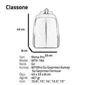 Classone WTX164 15.6¨ Wtx Pro Seu Geçirmez Kumaş Notebook,Laptop Sırt Çantas-Gri - 7