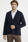 Üç Düğmeli Yünlü Triko Ceket - Koyu Lacivert thumbnail 3