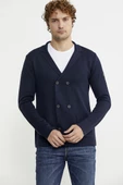 Kruvaze Düğmeli Yünlü Triko Ceket - Lacivert - 1
