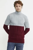 Çift Renk Tam Balıkçı Triko Kazak - Bordo thumbnail 1