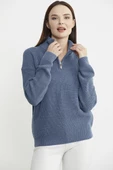 Yarım Balıkçı Yaka  Fermuarlı Yün Triko Kazak - Koyu Mavi thumbnail 4